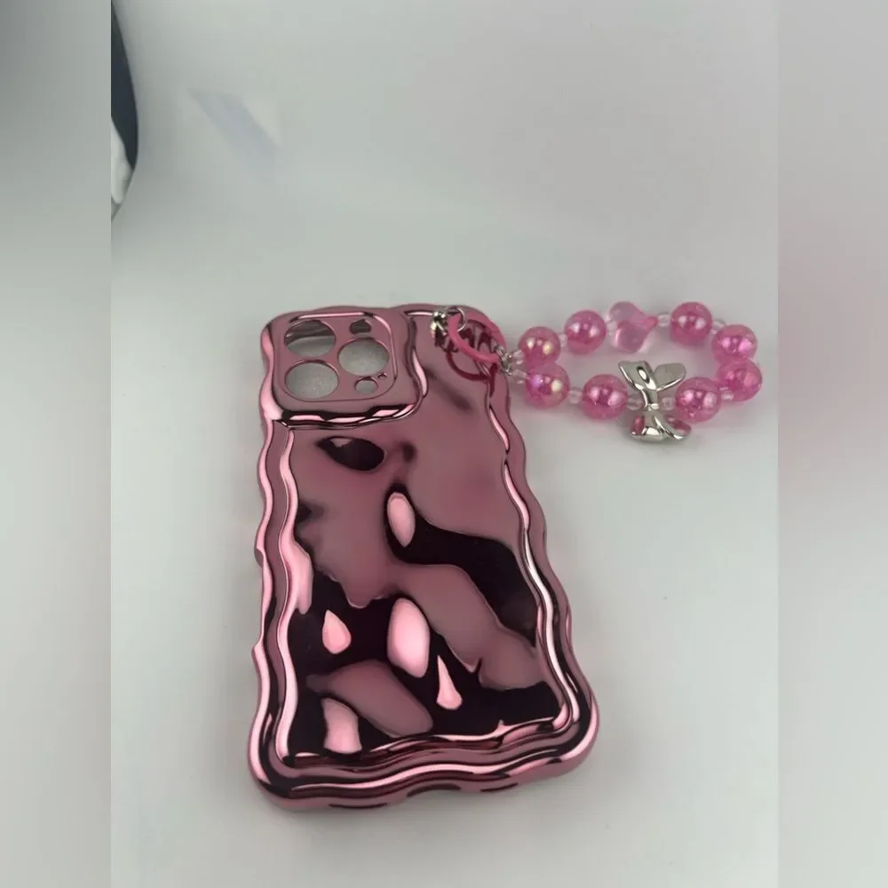 Glossy Pink Wave Case with Beaded Handle for iPhone 15 Pro Max